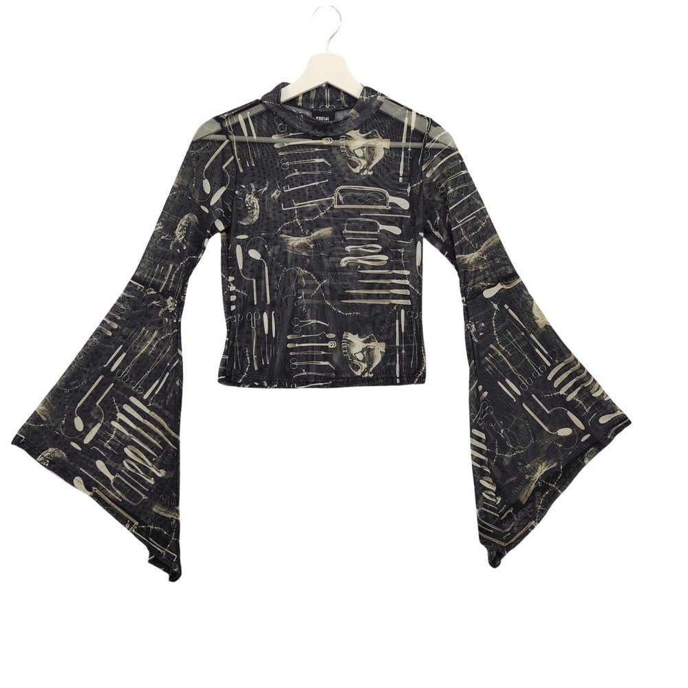 Social Collision Women Steampunk Mesh Goth Skull M Top Bell Sleeve Mock Neck